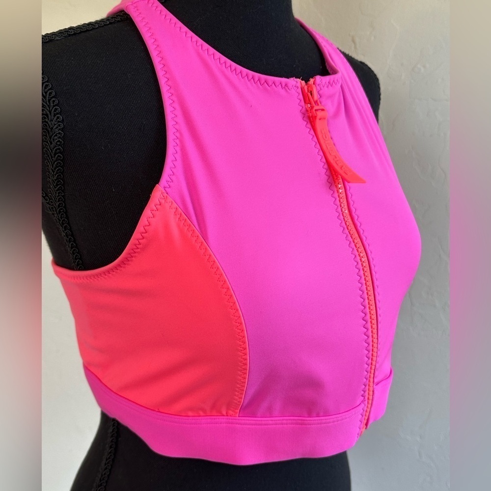 Fabletics Vibrant Pink and Orange Full Zip Front Padded Sports Bra/Tank Sz L